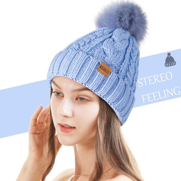 Womens Winter Warm Fleece Lined Knitted Soft Ski Cuff Beanie Hat with Pom Pom - Picture 2 of 6